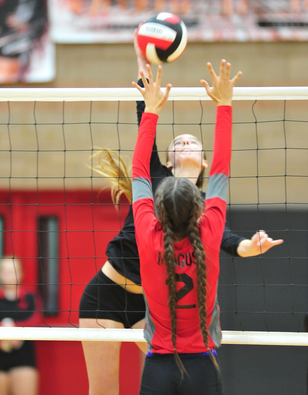 Bradshaw Mountain's Jordyn Moser hits a kill as the Bears faced the Mingus Marauders in a volleyball matchup Tuesday, Sept. 11, 2018 in Prescott Valley. (Les Stukenberg/Courier)