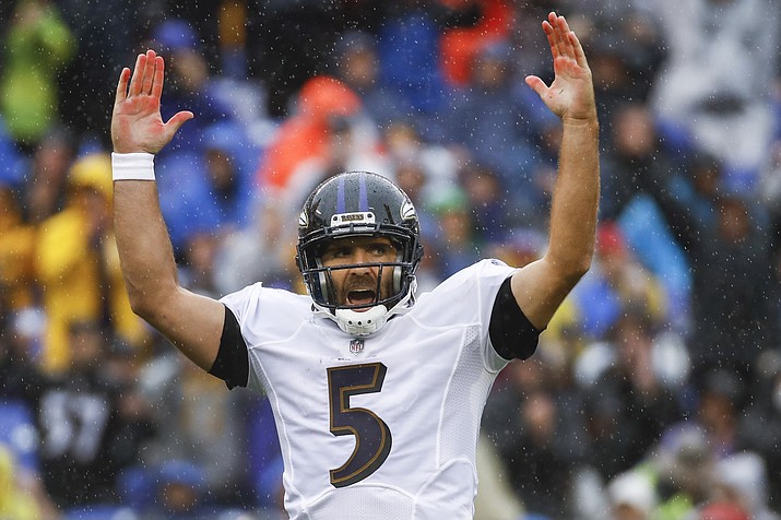 In this Sunday, Sept. 9, 2018, file photo, Baltimore Ravens quarterback Joe Flacco (5) celebrates his touchdown pass to wide receiver John Brown during the first half of an NFL football game against the Buffalo Bills, in Baltimore. Against the Bills,  Flacco went 25 of 34 for 236 yards and three TDs. In Week 2, Flacco and the Ravens take on the Cincinnati Bengals. (Patrick Semansky/AP, file)