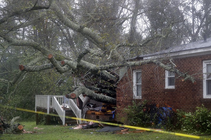 A fallen tree is shown after it crashed through the home where a woman and her baby were killed in Wilmington, N.C., after Hurricane Florence made landfall Friday, Sept. 14, 2018. (Chuck Burton/AP)

