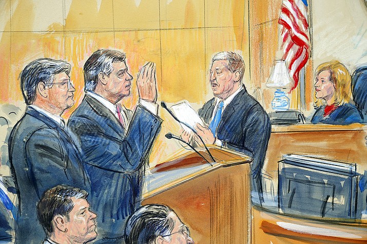 This courtroom sketch depicts former Donald Trump campaign chairman Paul Manafort, center, and his defense lawyer Richard Westling, left, before U.S. District Judge Amy Berman Jackson, seated upper right, at federal court in Washington, Friday, Sept. 14, 2018, as prosecutors Andrew Weissmann, bottom center, and Greg Andres watch. Manafort has pleaded guilty to two federal charges as part of a cooperation deal with prosecutors. The deal requires him to cooperate "fully and truthfully" with special counsel Robert Mueller's Russia investigation. The charges against Manafort are related to his Ukrainian consulting work, not Russian interference in the 2016 presidential election. (Dana Verkouteren via AP)


