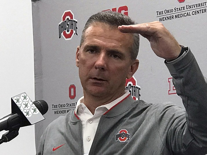 Ohio State NCAA college football head coach Urban Meyer gestures while speaking at a press conference in Columbus, Ohio, Monday, Sept. 17, 2018. (Mitch Stac/AP)