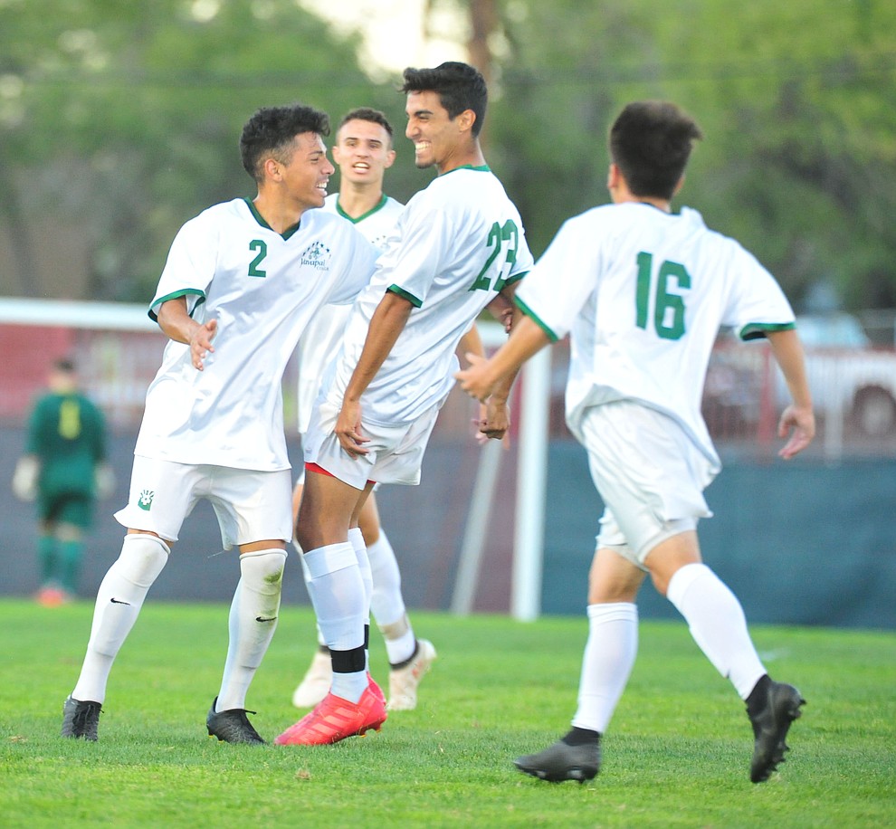 Yavapai's Tomas Iglesias (23) celebrates his first half goal as the Roughriders take on the Pima Community College Aztecs Thursday, Sept. 20, 2018 at Ken Lindley Field in Prescott.(Les Stukenberg/Courier)