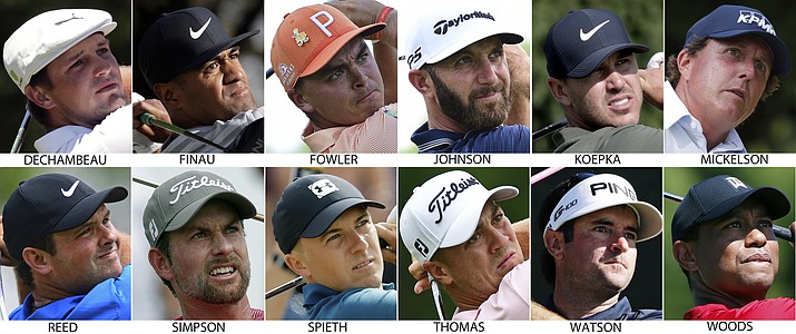 These are 2018 file photos showing members of the United States Ryder Cup team. They are Bryson Dechambeau, Tony Finau, Rickie Fowler, Dustin Johnson, Brooks Koepka, Phil Mickelson, Patrick Reed, Webb Simpson, Jordan Spieth, Justin Thomas, Bubba Watson and Tiger Woods. (AP Photos, file)