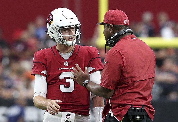 Arizona Cardinals quarterback Josh Rosen (3) talks with quarterbacks coach Byron Leftwich, right, during the second half of an NFL football game against the Chicago Bears, Sunday, Sept. 23, 2018, in Glendale. (Ralph Freso/AP, file)