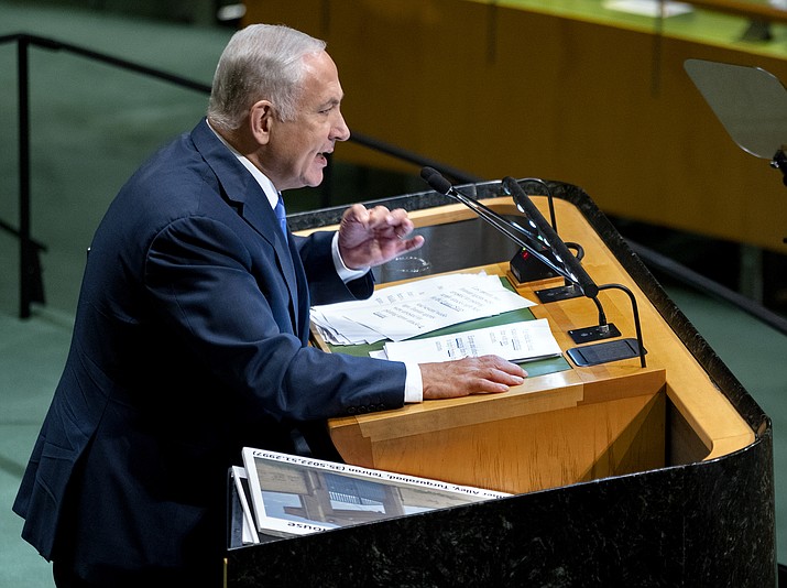 Israeli Prime Minister Benjamin Netanyahu addresses the 73rd session of the United Nations General Assembly, at U.N. headquarters, Thursday, Sept. 27, 2018. (Craig Ruttle/AP)