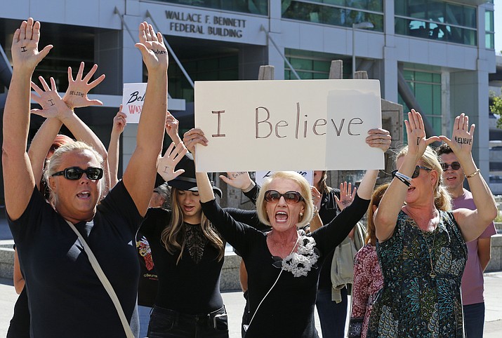 Protesters against Brett Kavanaugh shout during a rally in Salt Lake City. Some skeptics of #MeToo activism are hoping Brett Kavanaugh’s angry, tearful denial of allegations might help fuel a backlash against the movement. (Rick Bowmer/AP)