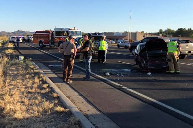 Several vehicles were damaged in a collision caused by a man running from police in a stolen car Thursday evening, Sept. 27. (Central Arizona Fire and Medical Authority/Courtesy)