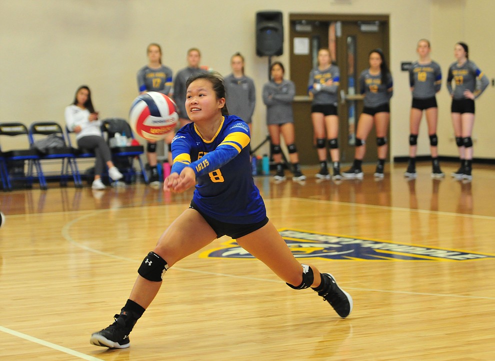 Embry Riddle's Kat Yung gets a save as the Eagles take on the University of Antelope Valley Pioneers  in a Cal Pac matchup Saturday, Sept. 29, 2018 in Prescott. (Les Stukenberg/Courier)