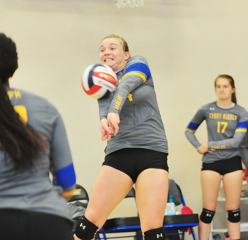 Embry Riddle's Caylee Robalin sets up a return of serve as the Eagles take on the University of Antelope Valley Pioneers  in a Cal Pac matchup Saturday, Sept. 29, 2018 in Prescott. (Les Stukenberg/Courier)