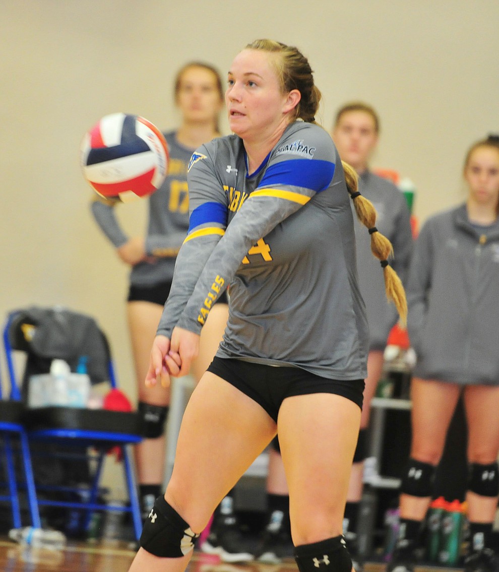 Embry Riddle's Caylee Robalin sets up a return of serve as the Eagles take on the University of Antelope Valley Pioneers  in a Cal Pac matchup Saturday, Sept. 29, 2018 in Prescott. (Les Stukenberg/Courier)