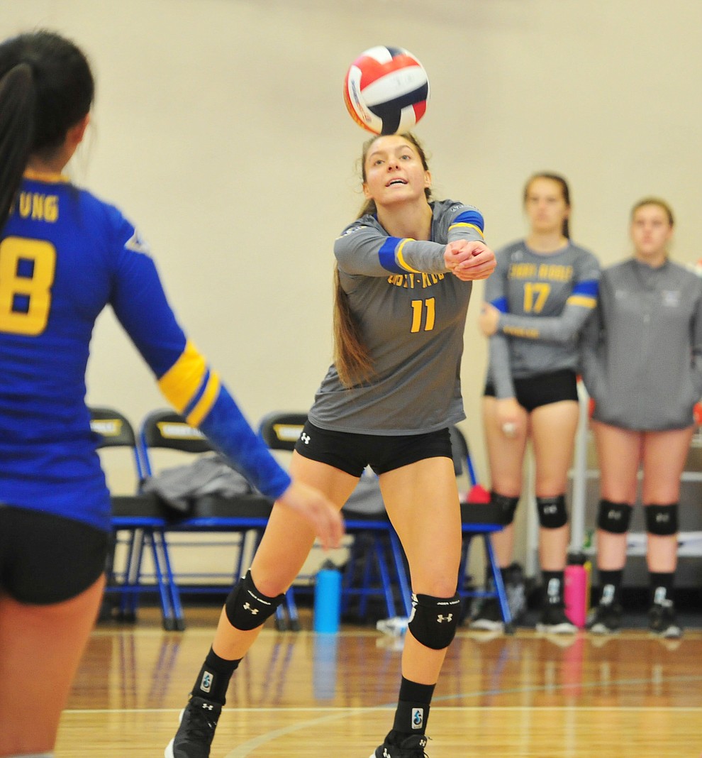 Embry Riddle's Audrey Baldwin hits a return as the Eagles take on the University of Antelope Valley Pioneers  in a Cal Pac matchup Saturday, Sept. 29, 2018 in Prescott. (Les Stukenberg/Courier)