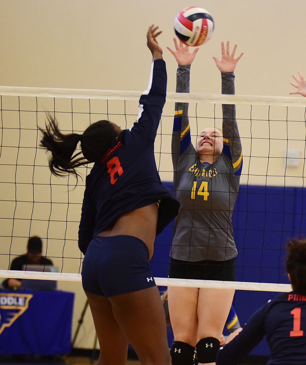 Embry Riddle's Caylee Robalin gets high for a block as the Eagles take on the University of Antelope Valley Pioneers  in a Cal Pac matchup Saturday, Sept. 29, 2018 in Prescott. (Les Stukenberg/Courier)