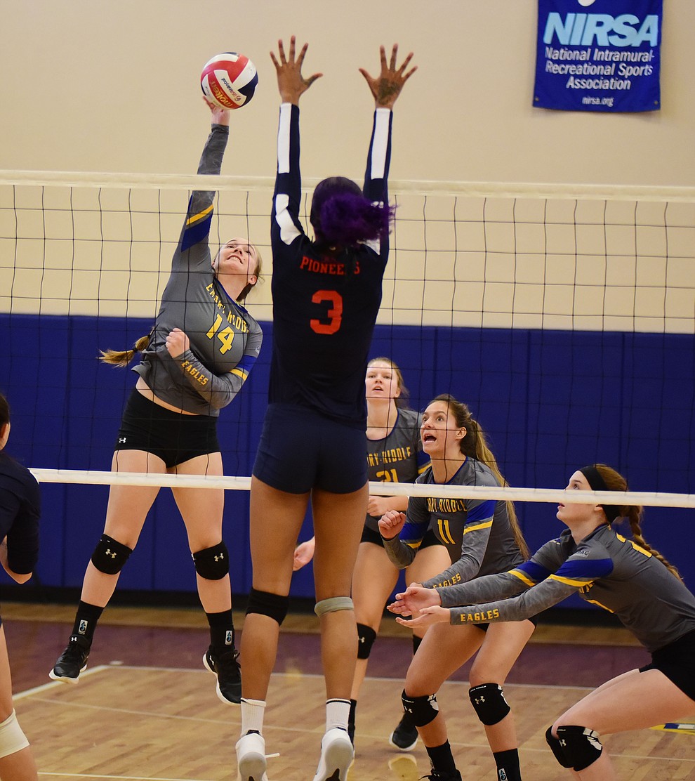 Embry Riddle's Caylee Robalin tries to get a kill down as the Eagles take on the University of Antelope Valley Pioneers  in a Cal Pac matchup Saturday, Sept. 29, 2018 in Prescott. (Les Stukenberg/Courier)
