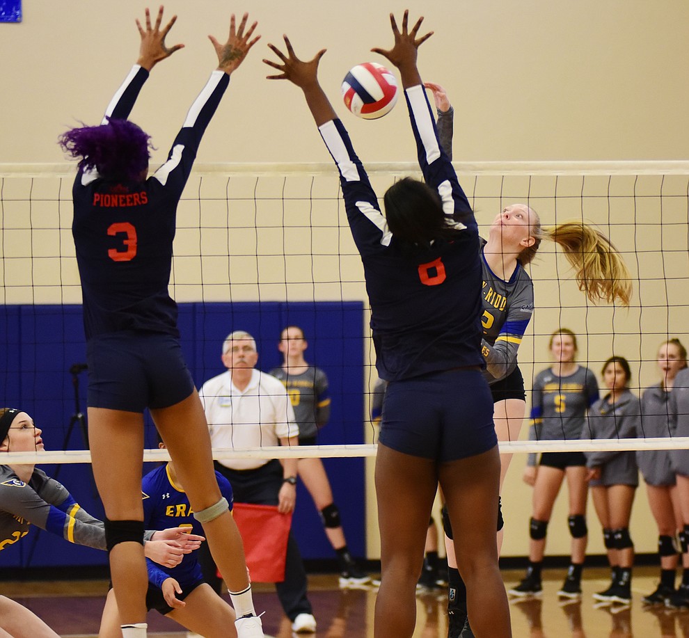 Embry Riddle's Lyndsey Weiler sends a kill down the net as the Eagles take on the University of Antelope Valley Pioneers  in a Cal Pac matchup Saturday, Sept. 29, 2018 in Prescott. (Les Stukenberg/Courier)