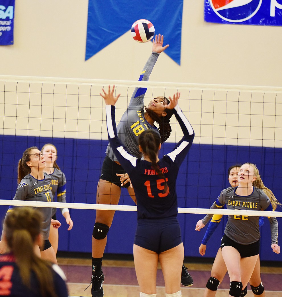 Embry Riddle's Sharik Joseph sends a kill to the corner as the Eagles take on the University of Antelope Valley Pioneers  in a Cal Pac matchup Saturday, Sept. 29, 2018 in Prescott. (Les Stukenberg/Courier)