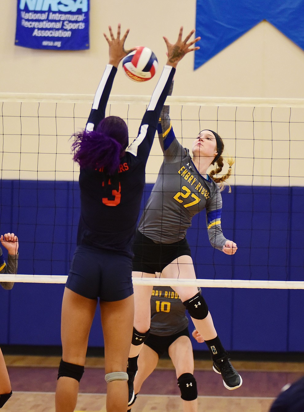 Embry Riddle's Veronica Norkus gets a kill through a blocker as the Eagles take on the University of Antelope Valley Pioneers  in a Cal Pac matchup Saturday, Sept. 29, 2018 in Prescott. (Les Stukenberg/Courier)