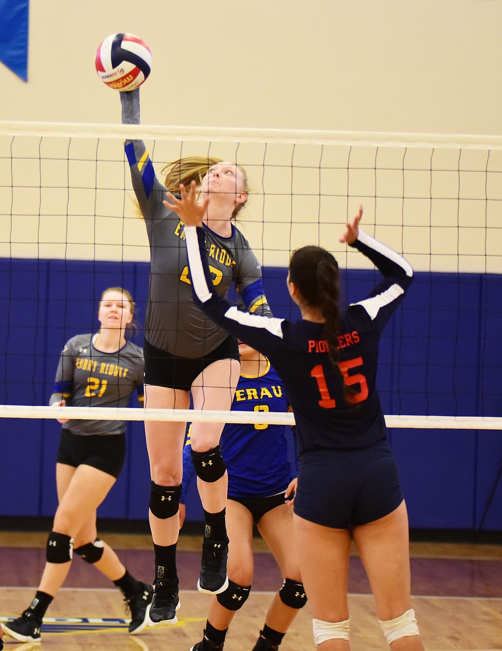 Embry Riddle's Lyndsey Weiler is at the net for a kill as the Eagles take on the University of Antelope Valley Pioneers  in a Cal Pac matchup Saturday, Sept. 29, 2018 in Prescott. (Les Stukenberg/Courier)