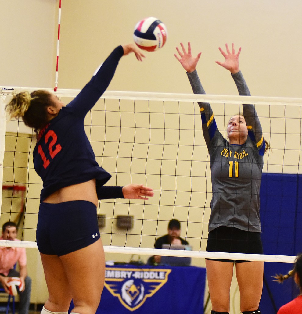 Embry Riddle's AUdrey Baldwin goes for a block as the Eagles take on the University of Antelope Valley Pioneers  in a Cal Pac matchup Saturday, Sept. 29, 2018 in Prescott. (Les Stukenberg/Courier)