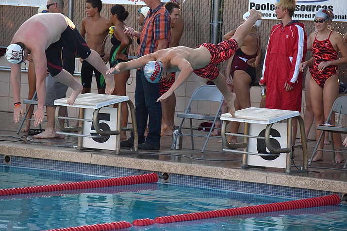 Mingus senior Dallin Gordon dives into the pool at the Marauders’ home meet on Thursday. He earned a spot at the state meet automatically in the 100 Free. VVN/James Kelley