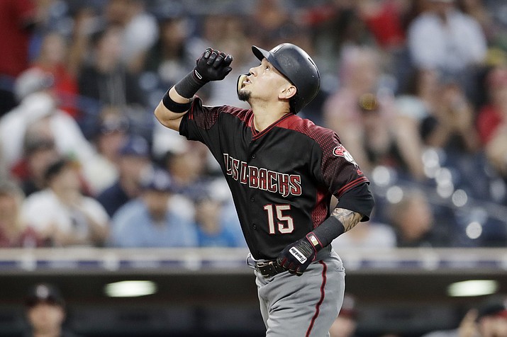 Arizona Diamondbacks’ Ildemaro Vargas reacts after hitting a two-run home run during the fourth inning of a baseball game against the San Diego Padres Saturday, Sept. 29, 2018, in San Diego. (AP Photo/Gregory Bull)