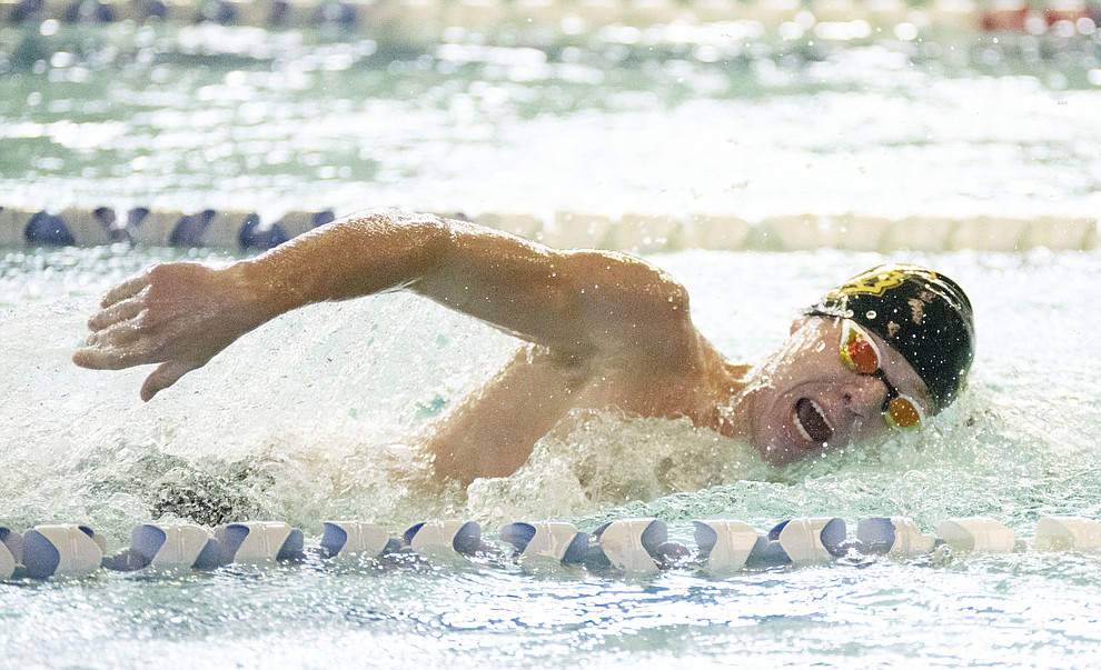 Prescott's Harris Temple swims the freestyle in the individual medley as the Badgers host Wickenburg in swimming Thursday, October 4, 2018 at the Prescott YMCA. (Les Stukenberg/Courier)