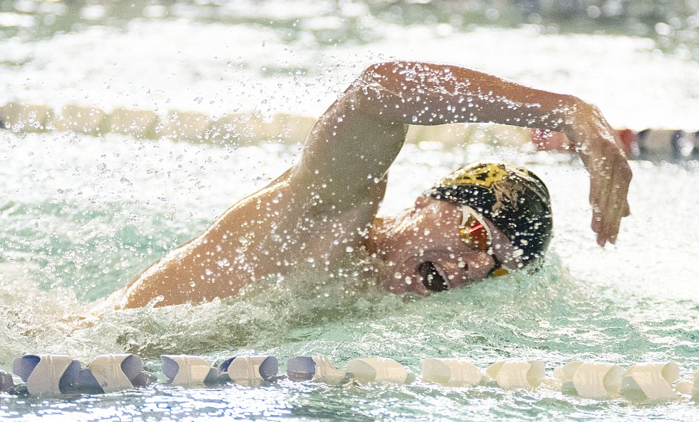 Prescott's Harris Temple swims the freestyle in the individual medley as the Badgers host Wickenburg in swimming Thursday, October 4, 2018 at the Prescott YMCA. (Les Stukenberg/Courier)