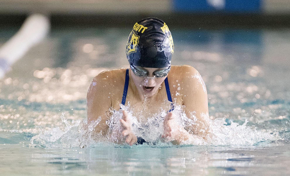 Prescott's Lacey Ingallina swims the breast stroke in the individual medley as the Badgers host Wickenburg in swimming Thursday, October 4, 2018 at the Prescott YMCA. (Les Stukenberg/Courier)