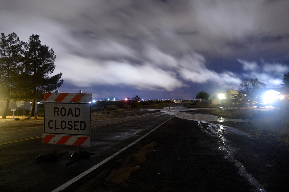 Flooding and road closure at Eastern St and Berry Ave, following thunderstorms that brought heavy rain and stranded autos both here and below the I-40 overpass. Photo taken just before 2am on Thursday, October 4, 2018. (Photo submitted by Eric Halverson)