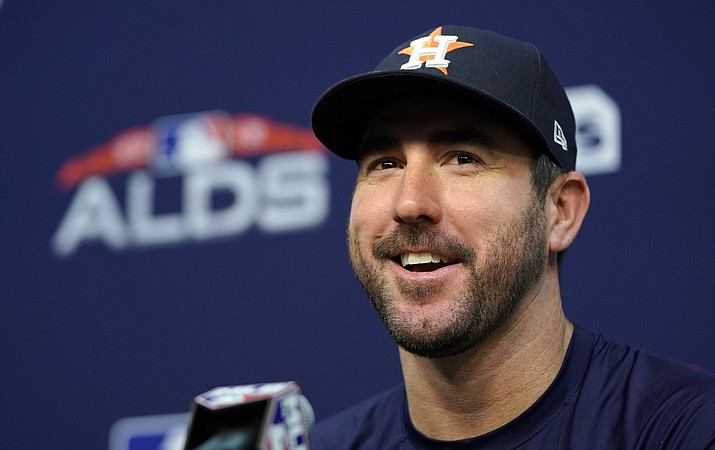 Houston Astros starting pitcher Justin Verlander answers a question during a baseball news conference Thursday, Oct. 4, 2018, in Houston. The Astros play the Cleveland Indians in Game 1 of the American League Division Series on Friday. (David J. Phillip/AP)