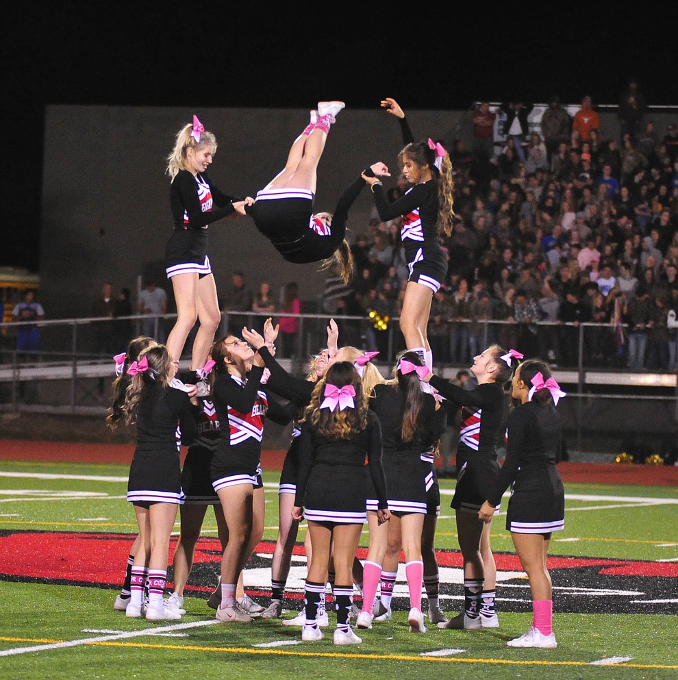Bradshaw Mountain cheer squad performs at halftime as the Bears lost to crosstown rival Prescott Friday night 26-21 in Prescott Valley. (Les Stukenberg/Courier)