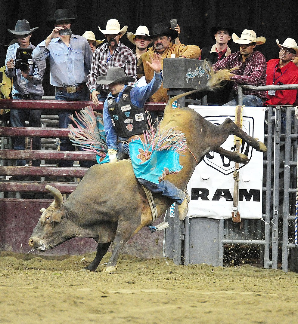 Lon Danley rides Pistols and Roses for an 81 and won the bull riding title at the Turquoise Circuit Final Rodeo Saturday, Oct. 6, 2018 at the Prescott Valley Event Center. (Les Stukenberg/Courier)