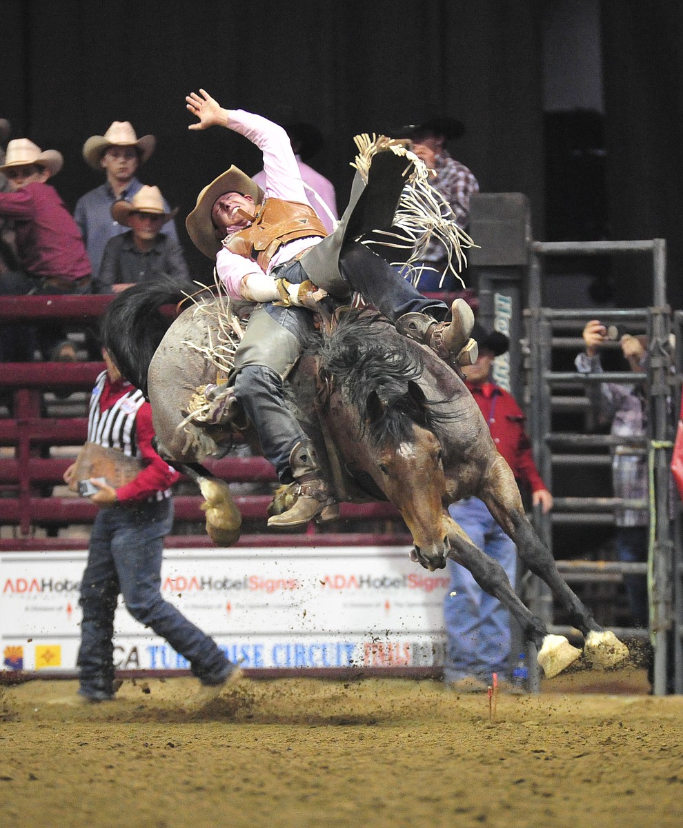 Shon Gibson on Gully Washer scores 77.5 in the bareback riding at the Turquoise Circuit Final Rodeo Saturday, Oct. 6, 2018 at the Prescott Valley Event Center. (Les Stukenberg/Courier)