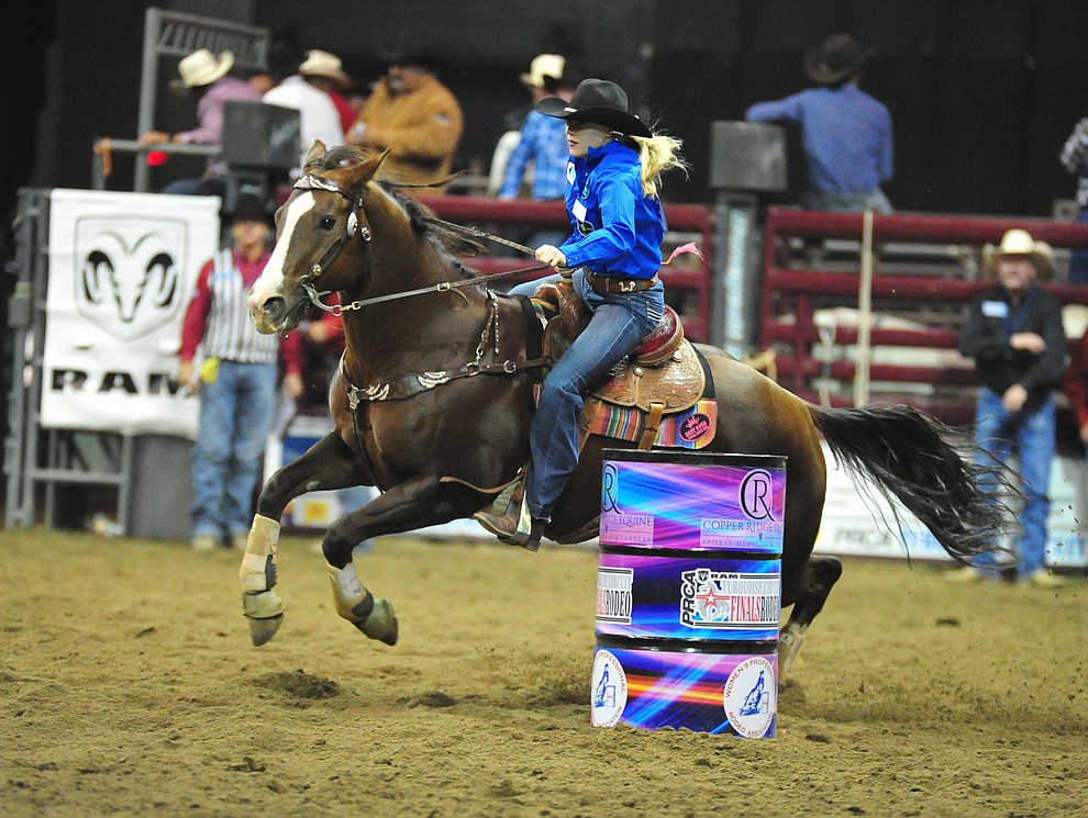 Leia Pluemer had a 15.34 in the barrel race at the Turquoise Circuit Finals Rodeo Saturday, Oct. 6, 2018 at the Prescott Valley Event Center. (Les Stukenberg/Courier)
