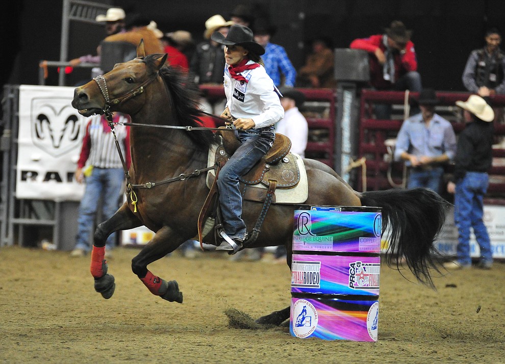 Lori Todd had a 15.39 in the barrel race at the Turquoise Circuit Finals Rodeo Saturday, Oct. 6, 2018 at the Prescott Valley Event Center. (Les Stukenberg/Courier)