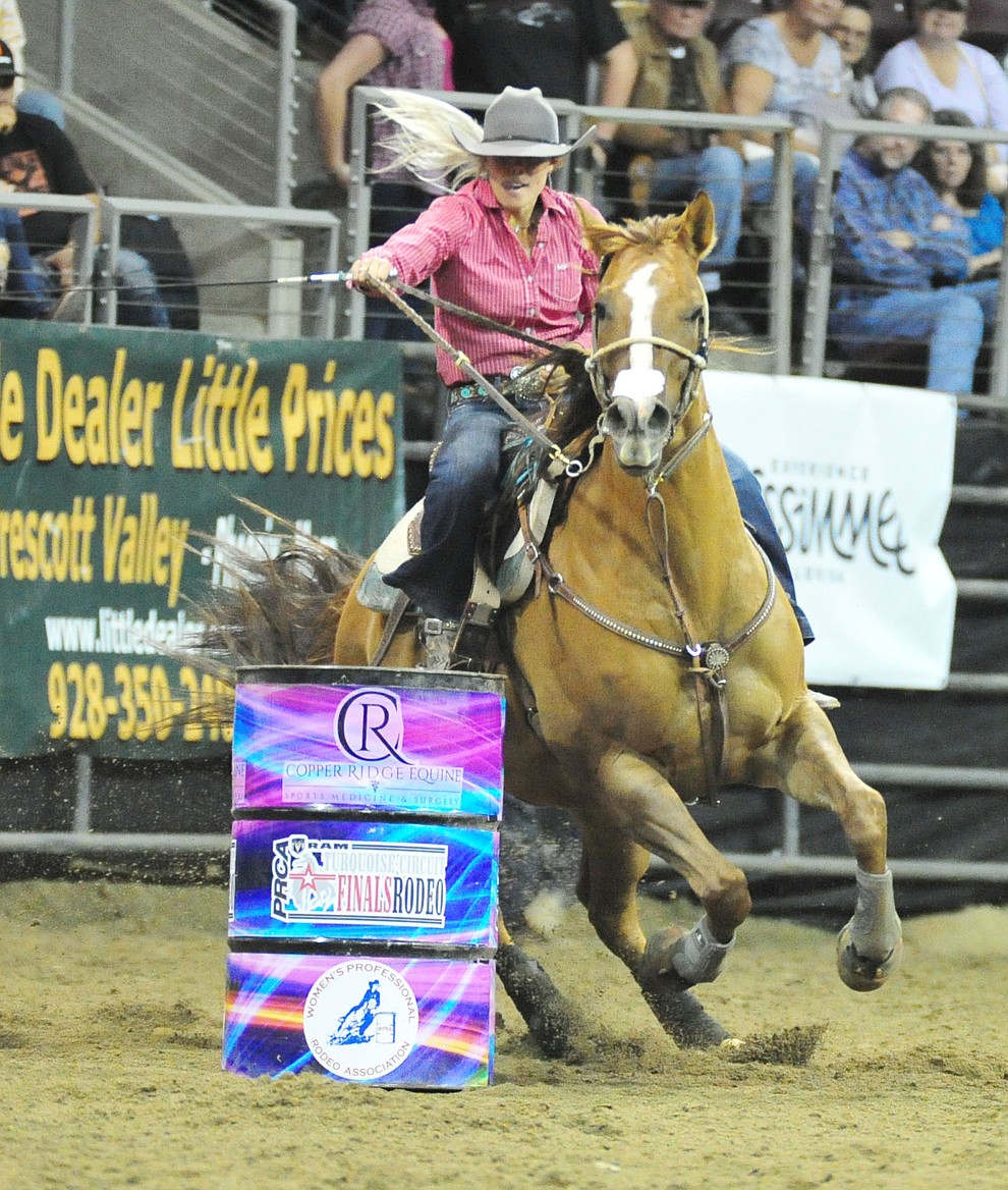 Tarryn Lee set an arena record of 15.18 in the barrel race at the Turquoise Circuit Finals Rodeo Saturday, Oct. 6, 2018 at the Prescott Valley Event Center. (Les Stukenberg/Courier)