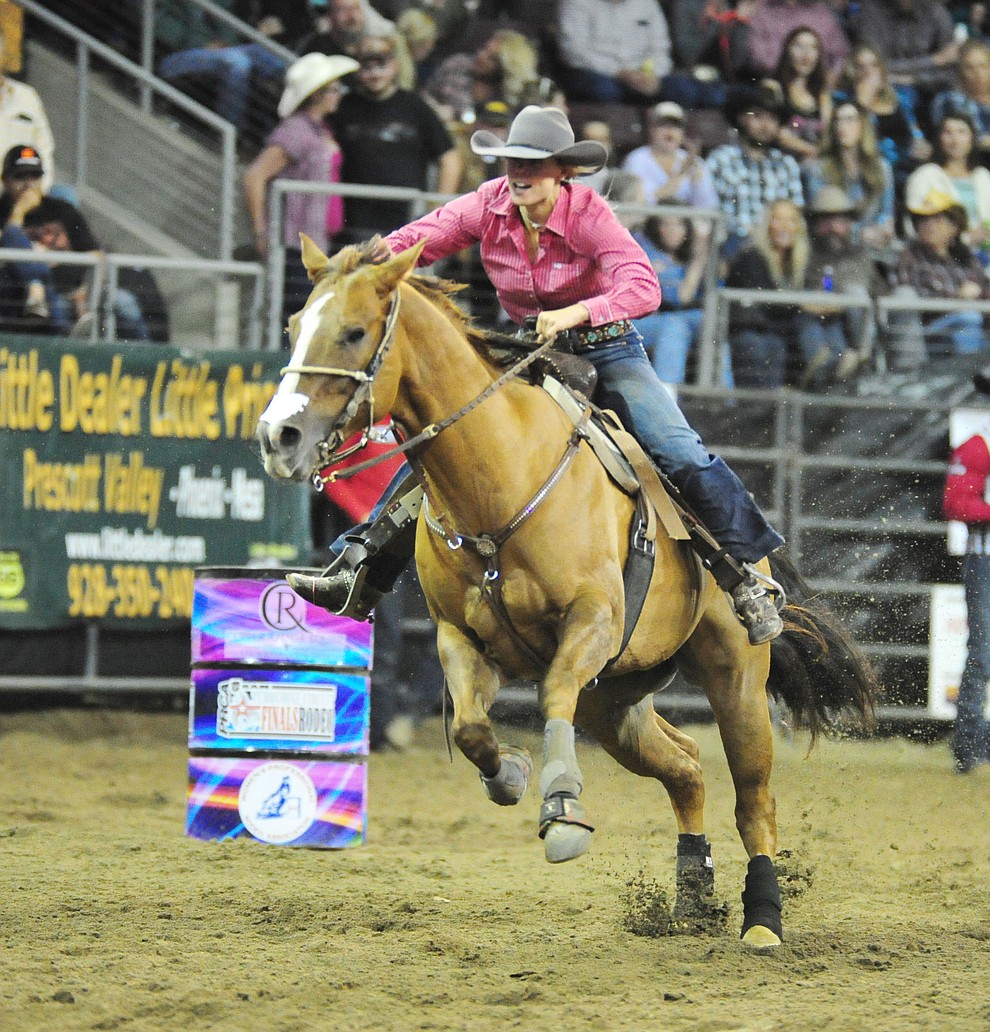 Tarryn Lee set an arena record of 15.18 in the barrel race at the Turquoise Circuit Finals Rodeo Saturday, Oct. 6, 2018 at the Prescott Valley Event Center. (Les Stukenberg/Courier)
