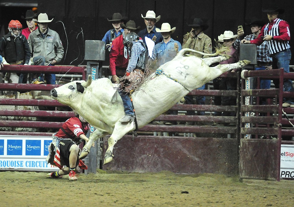 Clay Wagner on Crophopper in the bull riding at the Turquoise Circuit Finals Rodeo Saturday, Oct. 6, 2018 at the Prescott Valley Event Center. (Les Stukenberg/Courier)