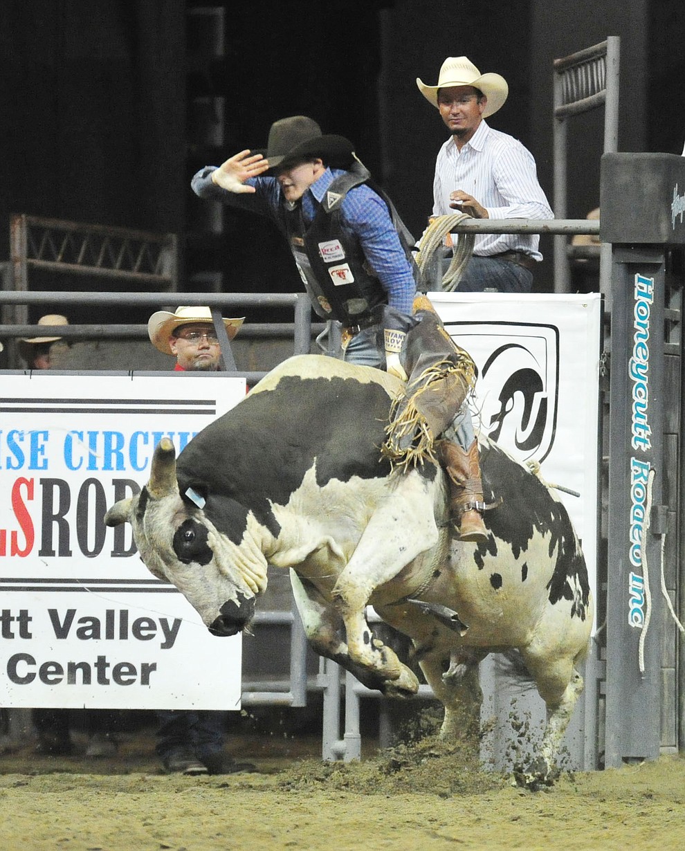 Joseph McConnell on Rio's Jagged Edge in the bull riding at the Turquoise Circuit Finals Rodeo Saturday, Oct. 6, 2018 at the Prescott Valley Event Center. (Les Stukenberg/Courier)