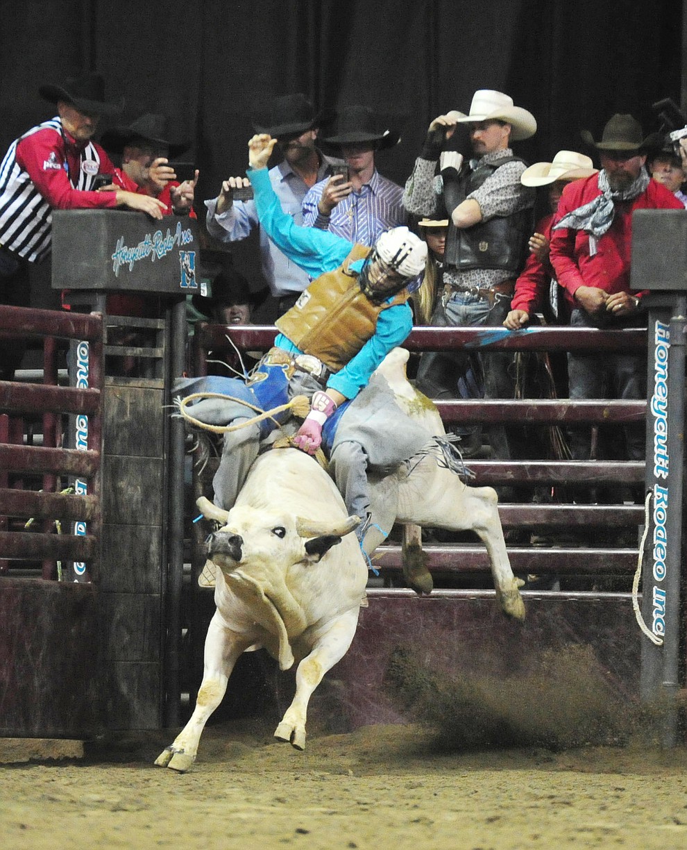 Cody Strite on Hillbilly Jitterbug in the bull riding at the Turquoise Circuit Finals Rodeo Saturday, Oct. 6, 2018 at the Prescott Valley Event Center. (Les Stukenberg/Courier)