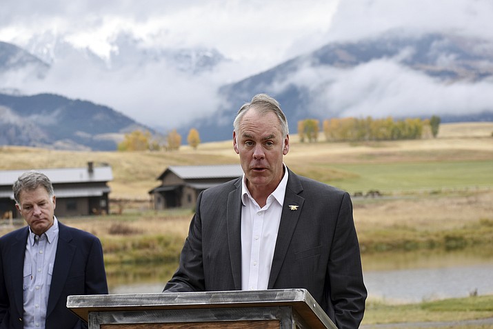 U.S. Interior Secretary Ryan Zinke announces a ban on new mining claims in the mountains north of Yellowstone National Park on Monday, Oct. 8, 2018, in Emigrant, Mont. The move extends a 2-year ban enacted under former President Barack Obama for another 20 years. (Matthew Brown/AP)
