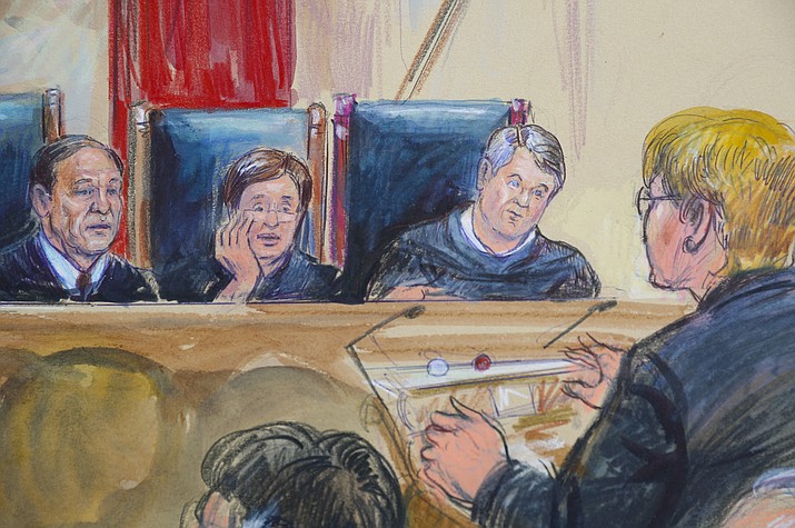 This courtroom sketch depicts Attorney Brenda G. Bryn, far right, speaking in front of from l-r, Associate Justice Samuel Alito Jr., Associate Justice Elena Kagan and Associate Justice Brett Kavanaugh, at the Supreme Court in Washington, Tuesday, Oct. 9, 2018. (Dana Verkouteren via AP)