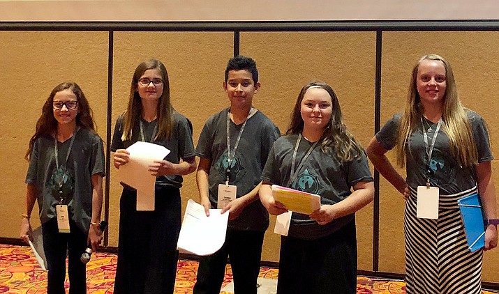 Sixth-graders Ava Lee (from left), Hannah McCabe, Lester DeLeon-Chavez, Ella Poitras and Abby Ingerson from Coyote Springs Elementary School made a presentation to the National EdLeader 21 Conference on Sept. 27, 2018, in Glendale, Arizona. (Courtesy)