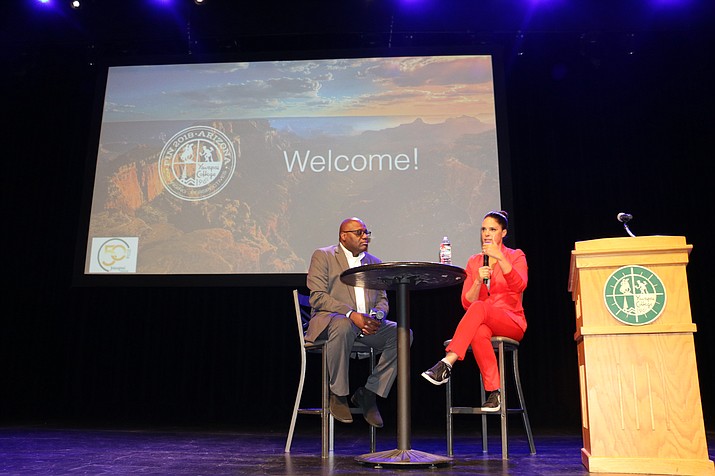 Journalist Soledad O’Brien answers audience questions at the Yavapai College Performing Arts Center on Tuesday, Sept. 25, 2018. With her is Rodney Jenkins, YC vice president of Community Relations. (Courtesy)