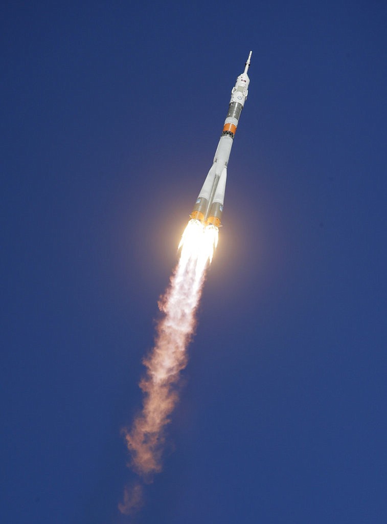 The Soyuz-FG rocket booster with Soyuz MS-10 space ship carrying a new crew to the International Space Station, ISS, flies in the sky at the Russian leased Baikonur cosmodrome, Kazakhstan, Thursday, Oct. 11, 2018. The Russian rocket carries U.S. astronaut Nick Hague and Russian cosmonaut Alexey Ovchinin. The two astronauts are making an emergency landing after a Russian booster rocket carrying them into orbit to the International Space Station has failed after launch. (AP Photo/Dmitri Lovetsky)