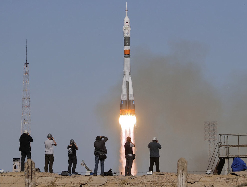 The Soyuz-FG rocket booster with Soyuz MS-10 space ship carrying a new crew to the International Space Station, ISS, blasts off at the Russian leased Baikonur cosmodrome, Kazakhstan, Thursday, Oct. 11, 2018. The Russian rocket carries U.S. astronaut Nick Hague and Russian cosmonaut Alexey Ovchinin. Two astronauts from the U.S. and Russia are making an emergency landing after a Russian booster rocket carrying them into orbit to the International Space Station has failed after launch. (AP Photo/Dmitri Lovetsky)