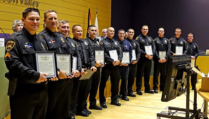 Members of the Prescott Valley Police Department SWAT Team received Medal of Valor or Police Star certificates at the Oct. 11 town council meeting for professionalism, courage, discipline and restraint during a lethal situation. (Heidi Dahms-Foster/Courtesy)