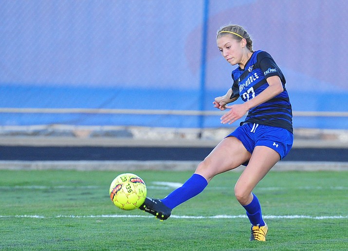 Embry Riddle's Maddy Mak takes a shot against Simpson on Oct. 4 in Prescott. The No. 8-ranked Eagles beat La Sierra 3-1 on Thursday, Oct. 18, 2018, in Prescott. (Les Stukenberg/Courier, file)