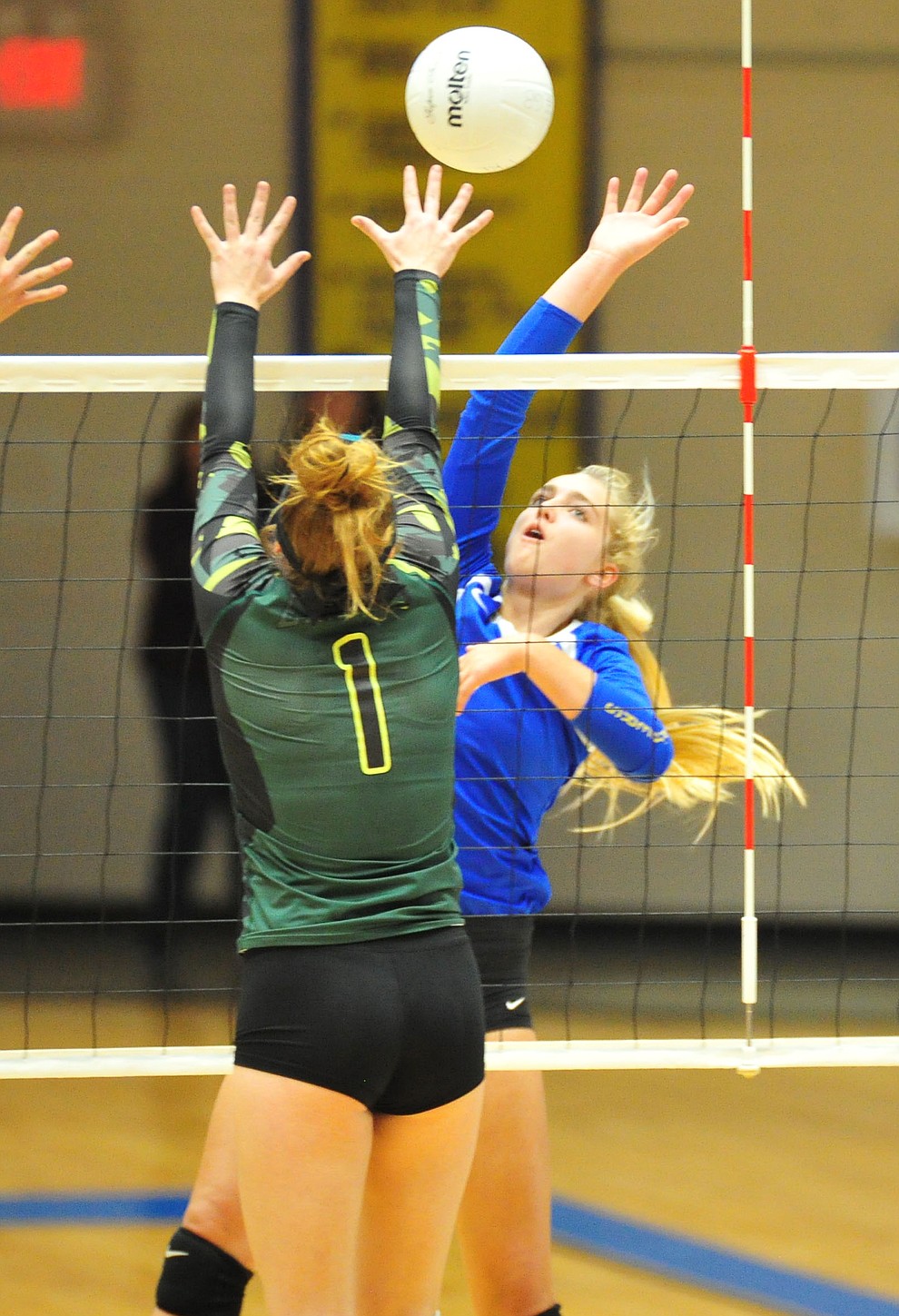 Prescott's Kathrine Radavich goes for a kill as the Badgers host the Flagstaff Eagles in volleyball Thursday, Oct. 18, 2018 in Prescott. (Les Stukenberg/Courier)