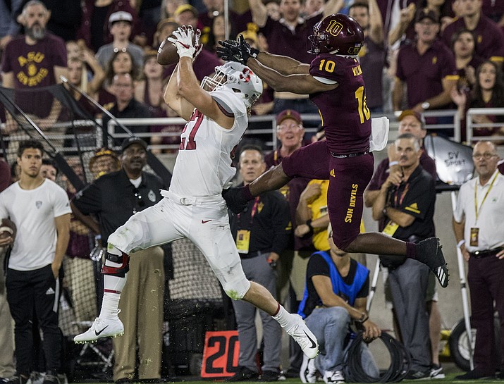 Stanford’s Sean Barton intercepts a pass intended for Arizona State’s Kyle Williams during the first half of an NCAA college football game Thursday, Oct. 18, 2018, in Tempe. (Darryl Webb/AP)