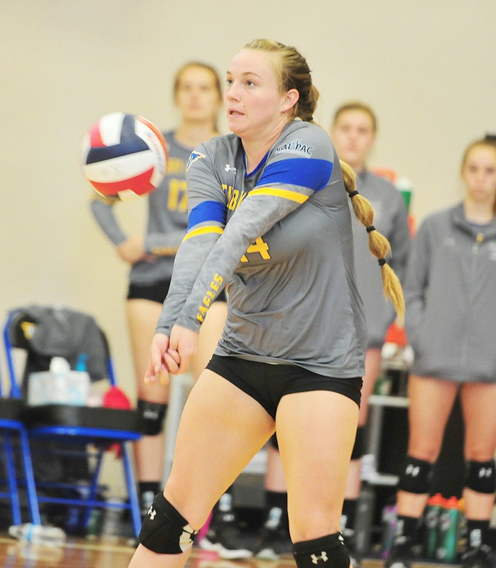 Embry-Riddle’s Caylee Robalin sets up a return of serve as the Eagles take on the University of Antelope Valley Pioneers  in a Cal Pac matchup Saturday, Sept. 29, 2018 in Prescott. (Les Stukenberg/Courier, file)